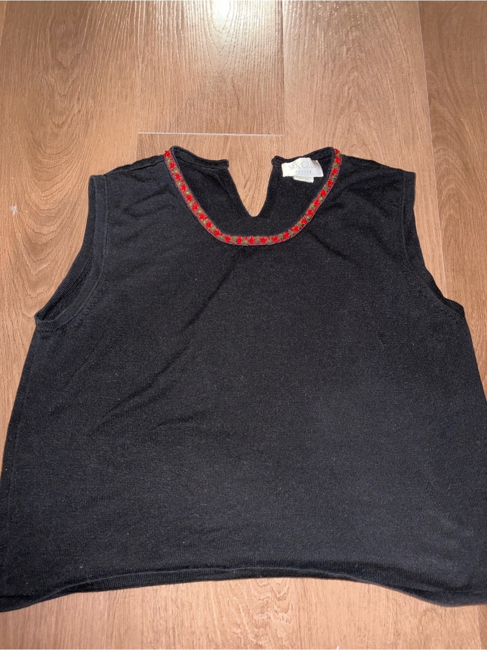 Silk Club Black Sleeveless Tank Top with Red Embellished Neckline